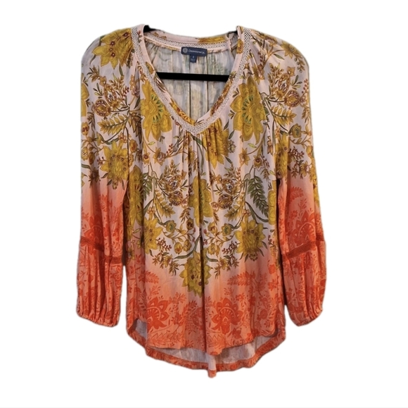 Democracy Tops - Democracy Blouse Women's Small Floral V-Neck Flowy Top Bohemian Peasant Gypsy